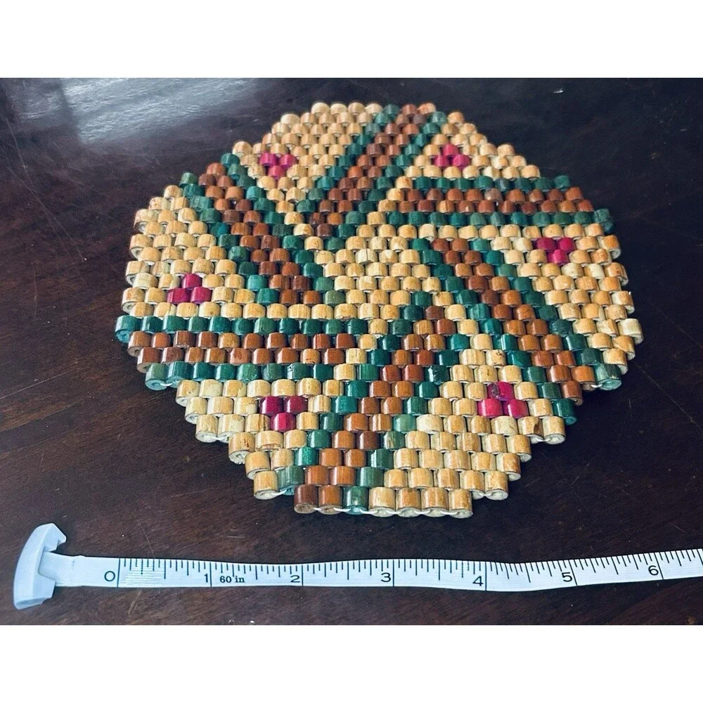 Vintage Folk Art Wood Retro Hot Pad TRIVET Wooden BEADED‎ Beads